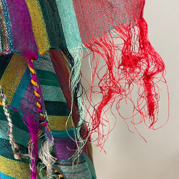 Long Striped Scarf Woven Sparkle Fringe Boho Metallic 82" x 28.5" Green Purple - Picture 10 of 11